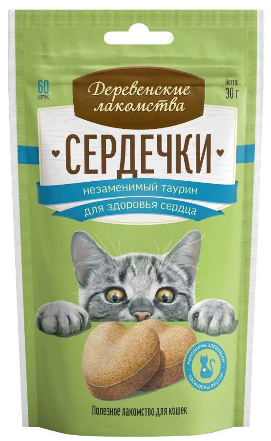 Лакомство для кошек Деревенские лакомства Сердечки и незаменимый таурин 30 г