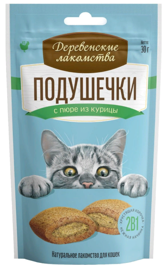Лакомство для кошек Деревенские лакомства подушечки с пюре с курицей 30г