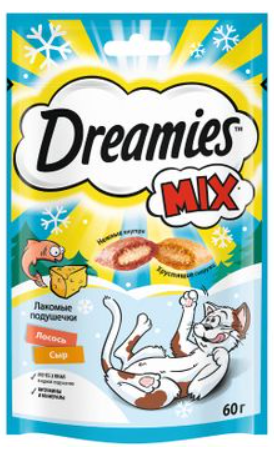 Лакомство Dreamies подушечки Микс Лосось+сыр для кошек 60 г