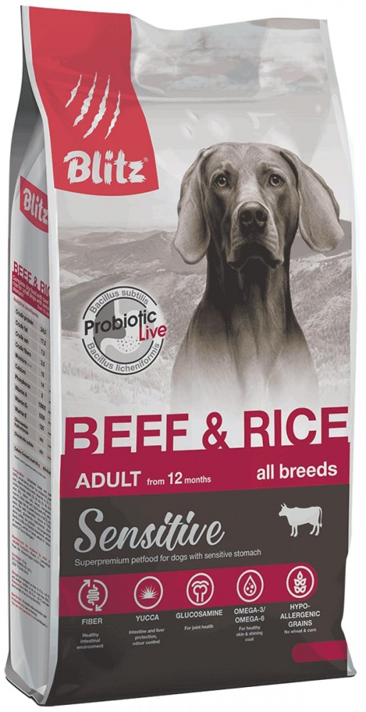 Корм Blitz Sensitive Beef &amp; Rice для собак с чувствительным пищеварением, говядина и рис