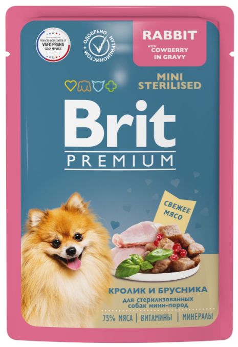 Паучи Brit Premium Mini Sterilised Rabbit &amp; Cowberry (в соусе) для стерилизованных собак малых пород, с кроликом и брусникой, 85 г