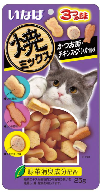 Лакомство запеченное INABA Yakimiksu ассорти для кошек со вкусом кацуобуси, куриного бульона и кальмара, 25 г