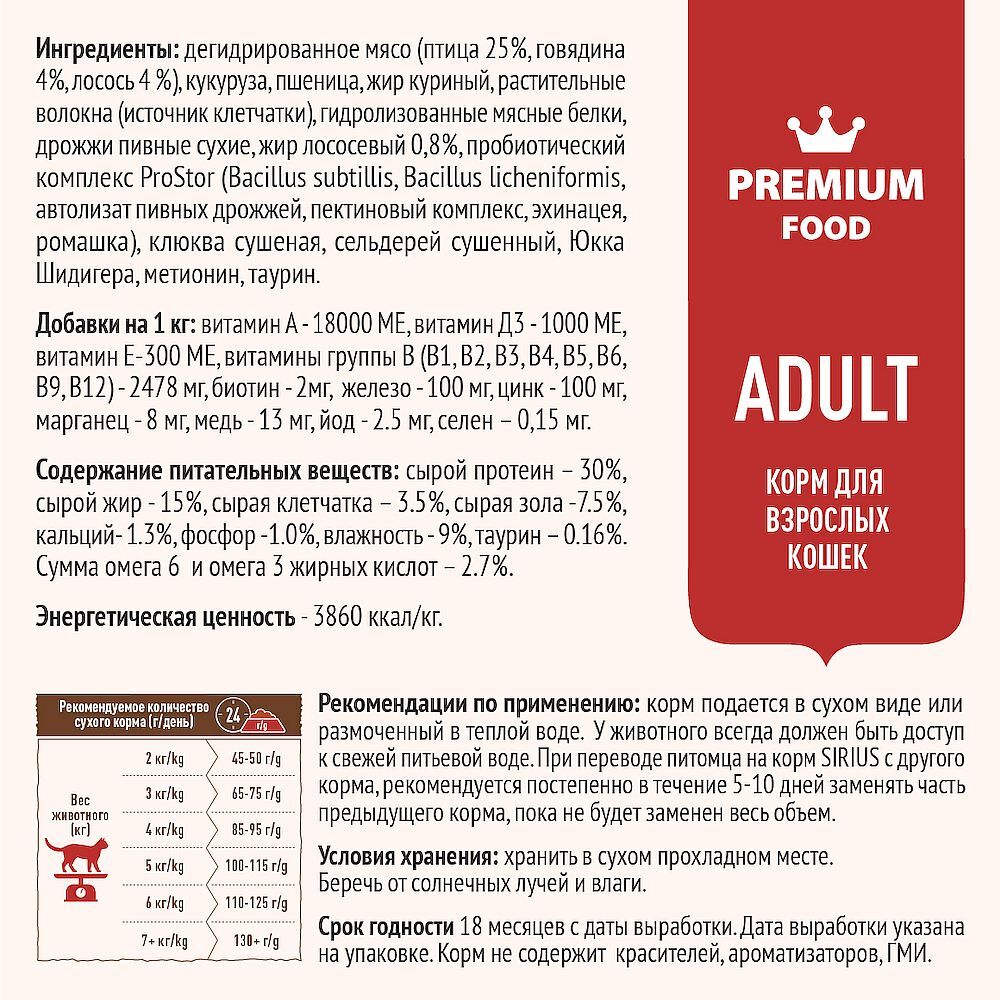 Сухой корм Sirius (Сириус) "Мясной рацион" для взрослых кошек