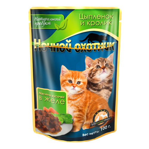 Ночной охотник / Паучи для Котят Цыпленок и кролик кусочки в желе 100 г