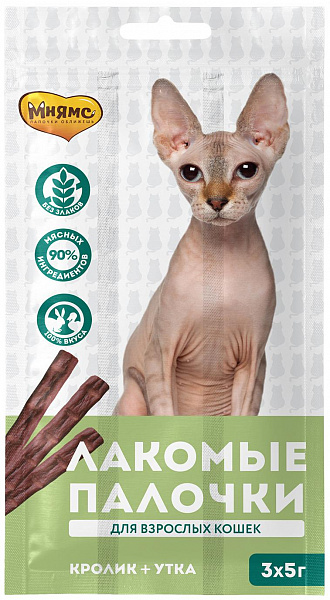 Лакомство для кошек Мнямс лакомые палочки с уткой и кроликом 5г 3шт