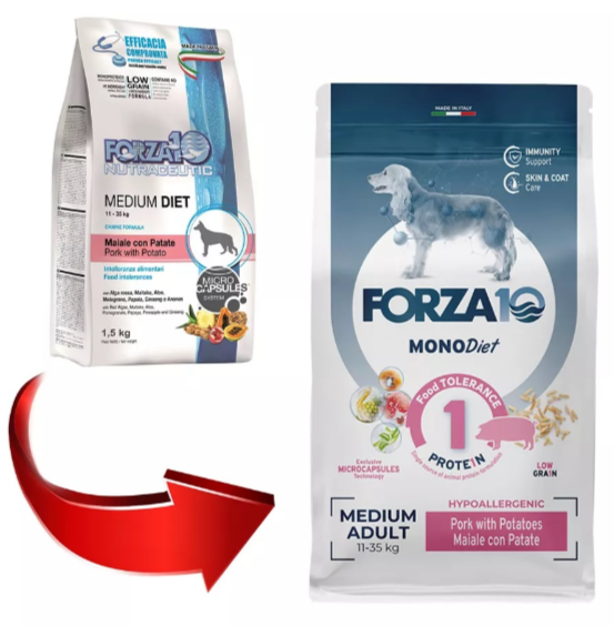 Корм Forza10 MonoDiet Medium Pork &amp; Potato для собак средних пород, при пищевой аллергии, гипоаллергенный, свинина и картофель 1,5 кг