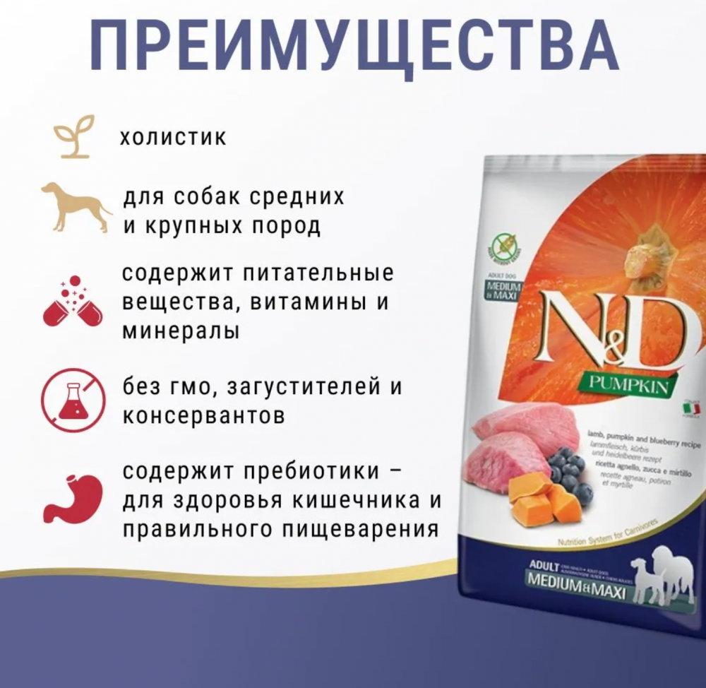 Корм Farmina N&amp;D Dog  (Беззерновой) для собак средних и крупных пород, ягненок, черника, тыква 12 кг