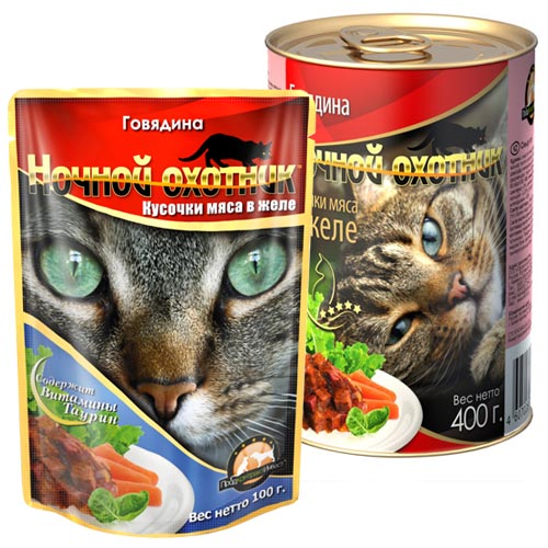 Ночной охотник / Паучи для кошек Говядина кусочки в желе 100 г