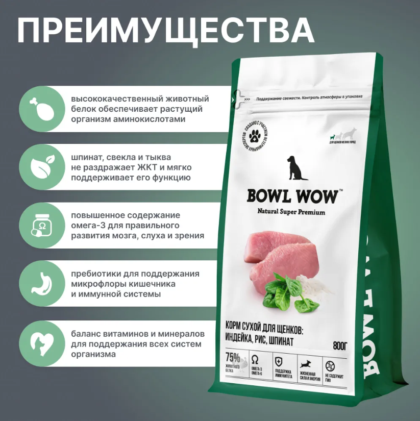 Корм BOWL WOW для собак мелких пород с индейкой, рисом и шпинатом 800гр