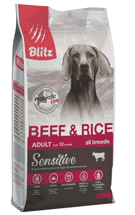 Корм Blitz Sensitive Beef &amp; Rice для собак с чувствительным пищеварением, говядина и рис