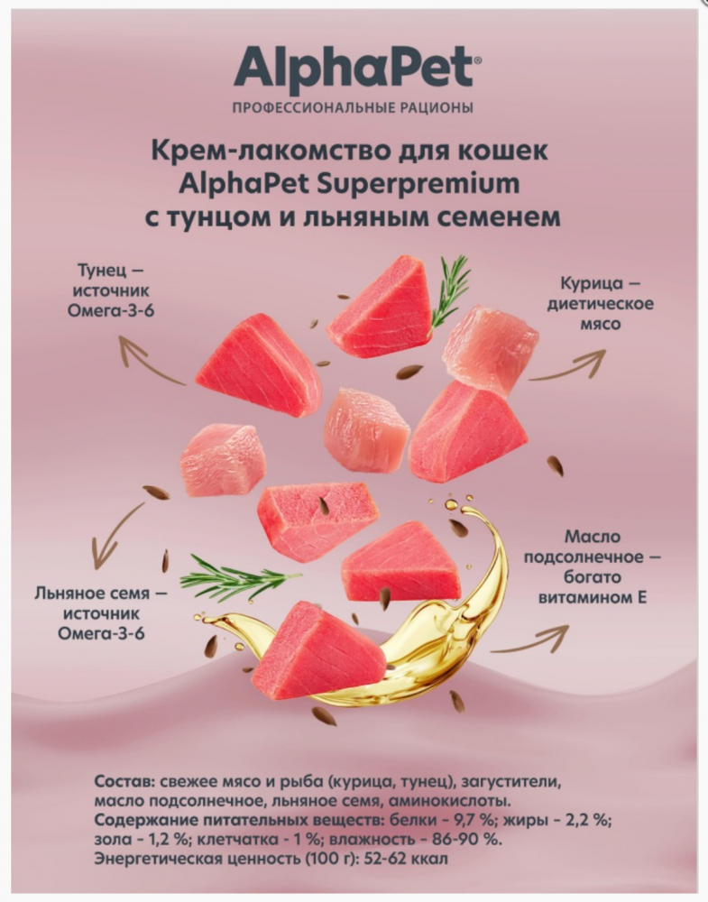 Крем-лакомство AlphaPet Superpremium тунец и льняное семя для кошек 48 г