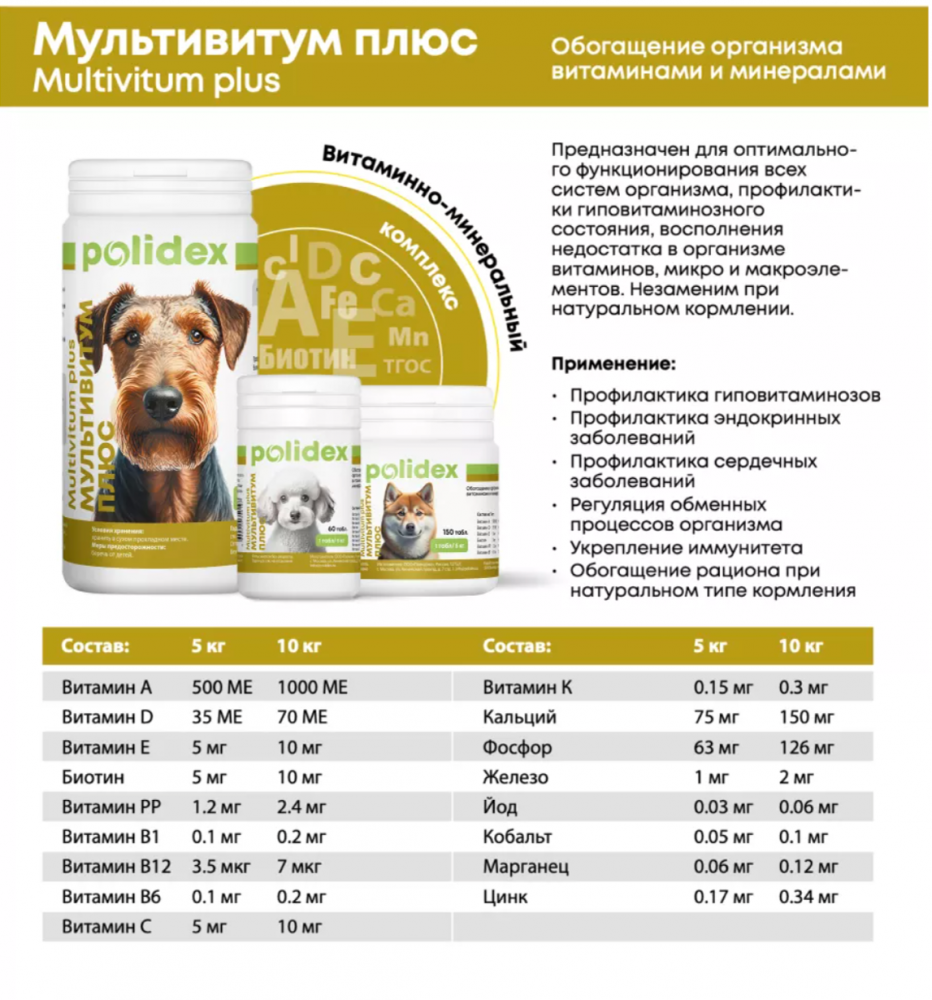 Polidex Multivitum plus поливитаминно-минеральный комплекс для собак, 300 таб. (1 таб. на 10 кг массы тела), 338 г
