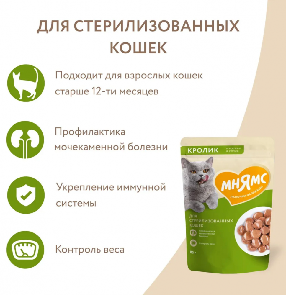 Влажный корм Мнямс Кусочки в соусе с кроликом для стерилизованных кошек 85 г