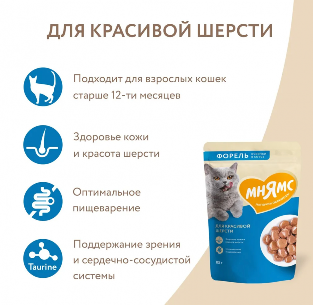 Влажный корм Мнямс Кусочки в соусе с форелью для красивой шерсти кошек 85г