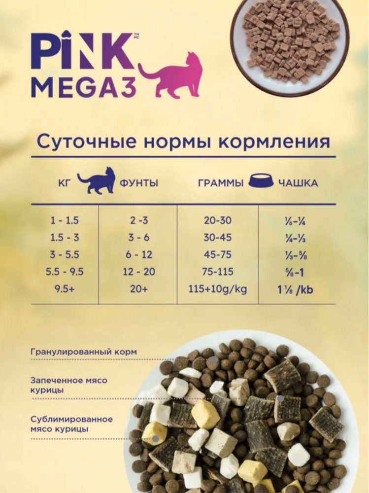 Корм PINK MEGA 3 БЕЗЗЕРНОВ Курица с лососем, 3 гранулы 1,5 кг  для кошек