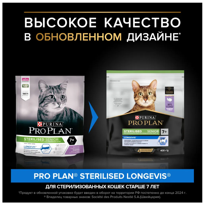 Корм для кошек Purina Pro Plan Sterilised 7+ пожилых при стерилизации и кастрации с индейкой