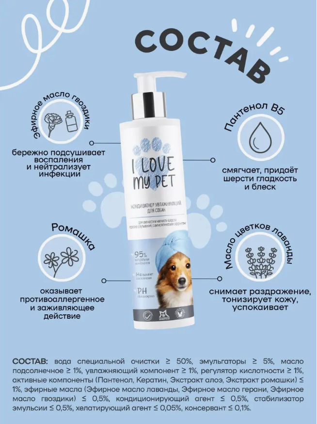 Кондиционер I Love My Pet для собак увлажняющий от колтунов, бальзам 250 мл