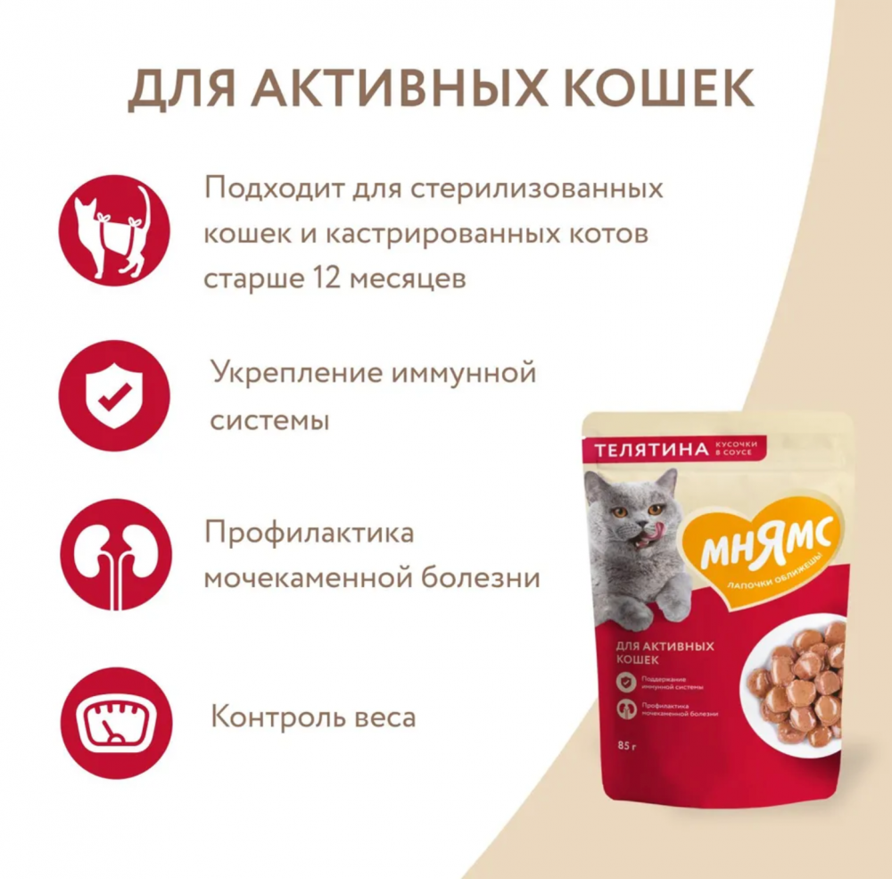 Влажный корм Мнямс Кусочки в соусе с телятиной для активных кошек 85г