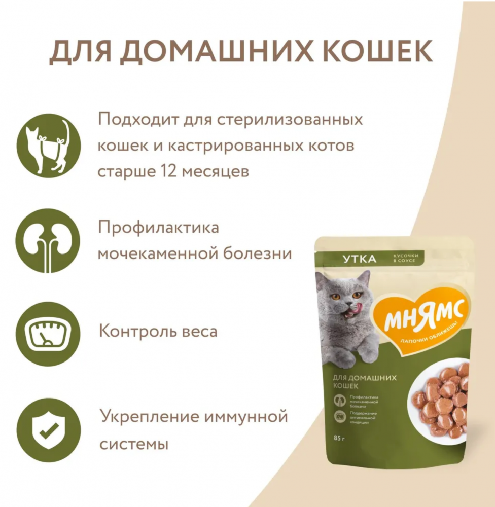 Влажный корм Мнямс Кусочки в соусе с уткой для домашних кошек 85 г