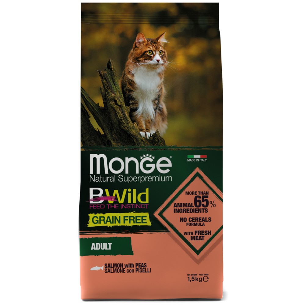 Корм сухой Monge Cat BWild GRAIN FREE беззерновой корм из лосося и гороха для взрослых кошек 1,5 кг