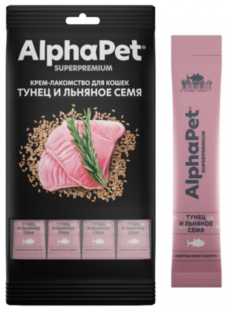 Крем-лакомство AlphaPet Superpremium тунец и льняное семя для кошек 48 г