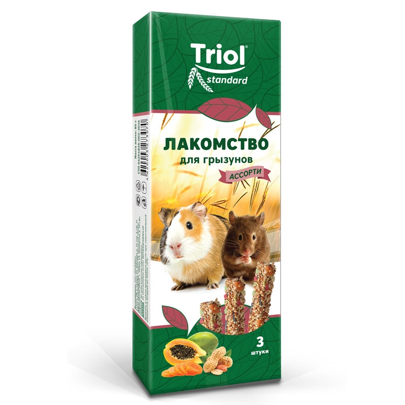 Triol лакомство для грызунов Standard Ассорти (с фруктами, овощами и орехами), упаковка 3 шт, 75 г