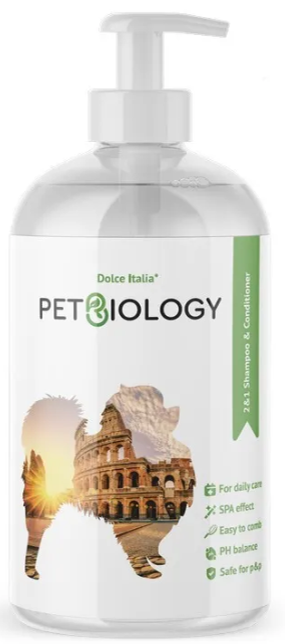 PETBIOLOGY Шампунь и кондиционер 2в1 для собак и щенков с 3-х месяцев, Италия 300 мл